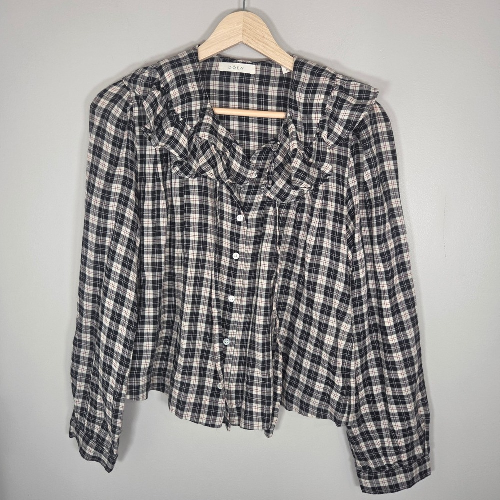 DÔEN Plaid Ruffle Blouse Womens S Organic Cotton Button Front Boho Top